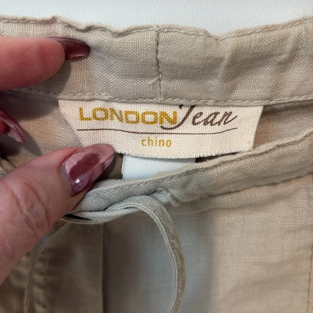 LONDONJEAN Tan 100% linen Chinos wide leg drawstring Lightweight S